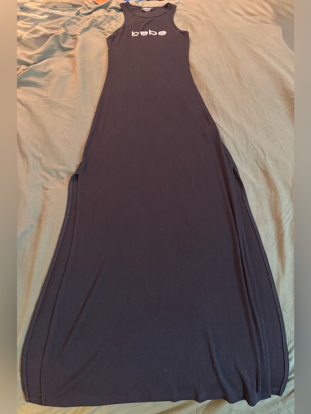 bebe Black Ribbed Tank Dress with Rhinestone Logo - Picture 2 of 8